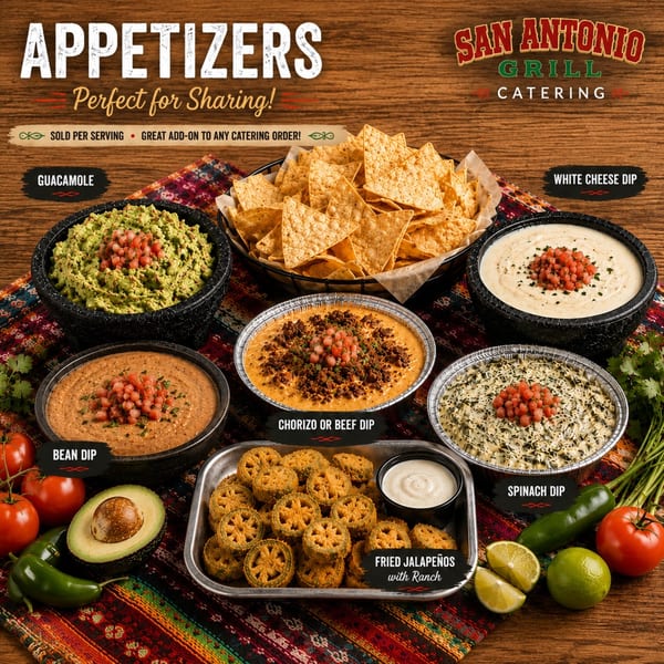 A variety of San Antonio Grill appetizers, including guacamole, dips, fried jalapeños, and tortilla chips.