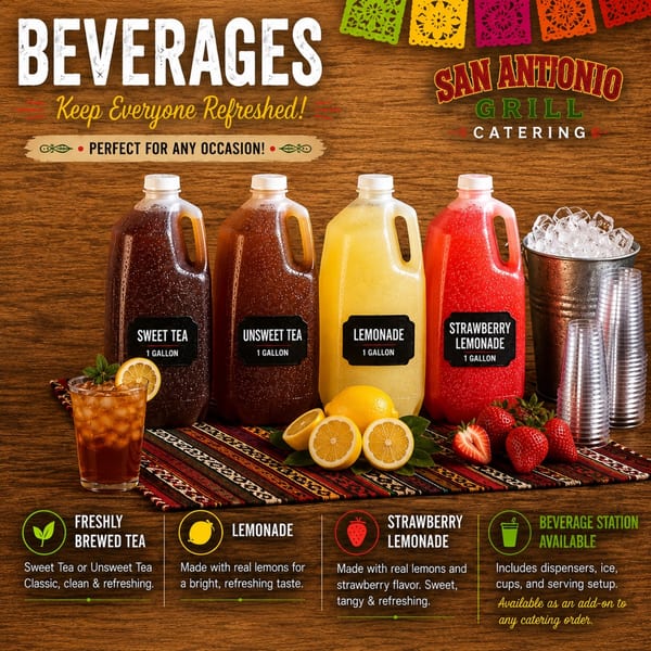 Four gallon jugs of sweet tea, unsweet tea, lemonade, and strawberry lemonade with ice and cups.