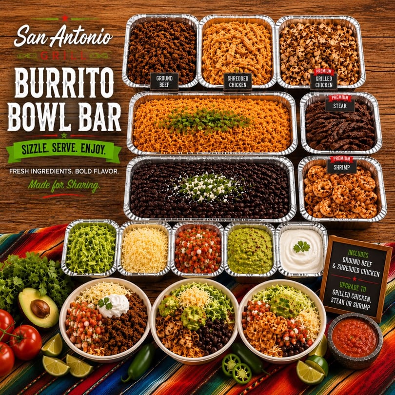 A San Antonio Grill Burrito Bowl Bar spread with various meats, toppings, and three finished burrito bowls.