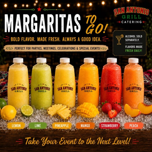 Six San Antonio Grill margarita bottles in various fruit flavors, surrounded by fresh fruit and ice.
