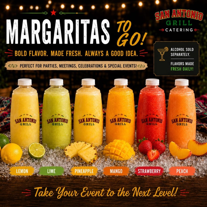 Six San Antonio Grill margarita bottles in various fruit flavors, surrounded by fresh fruit and ice.